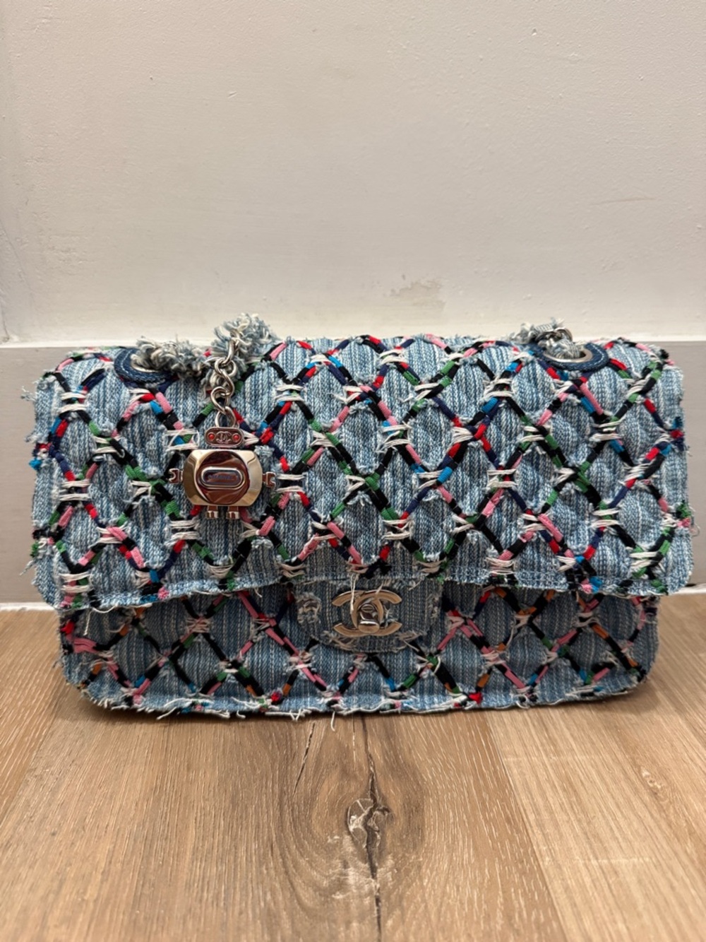 CHANEL Light Blue Tweed Shoulder Bag with Multicolor Accents